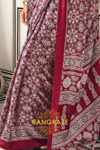Maroon and Black Ajrakh Printed Satin Crepe Saree