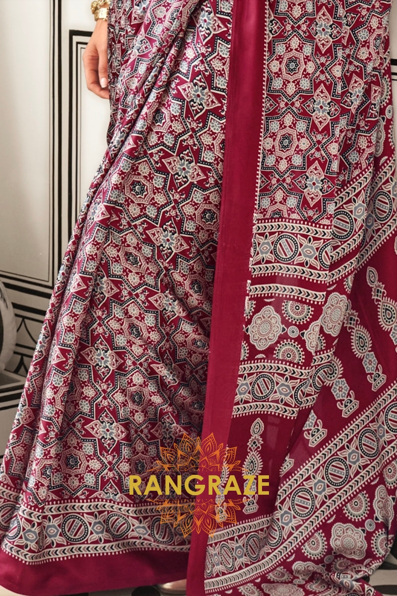Maroon and Black Ajrakh Printed Satin Crepe Saree