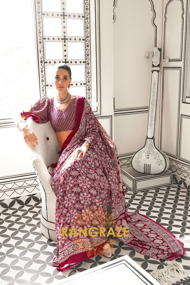 Maroon and Black Ajrakh Printed Satin Crepe Saree
