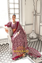 Maroon and Black Ajrakh Printed Satin Crepe Saree