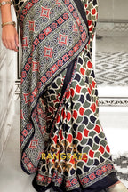 Slate Grey and Black Ajrakh Printed Satin Crepe Saree