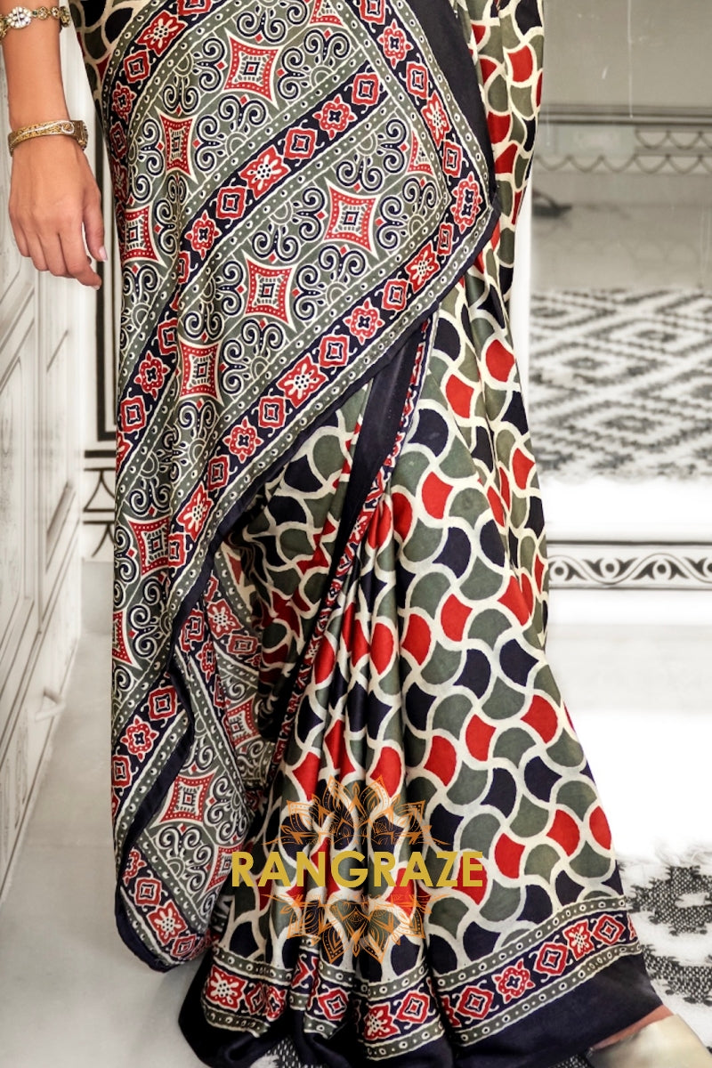 Slate Grey and Black Ajrakh Printed Satin Crepe Saree
