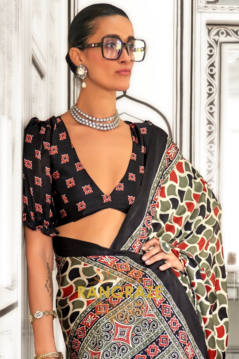 Slate Grey and Black Ajrakh Printed Satin Crepe Saree
