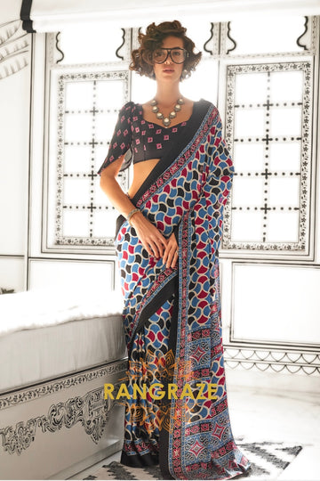 Blue and Red Ajrakh Printed Satin Crepe Saree