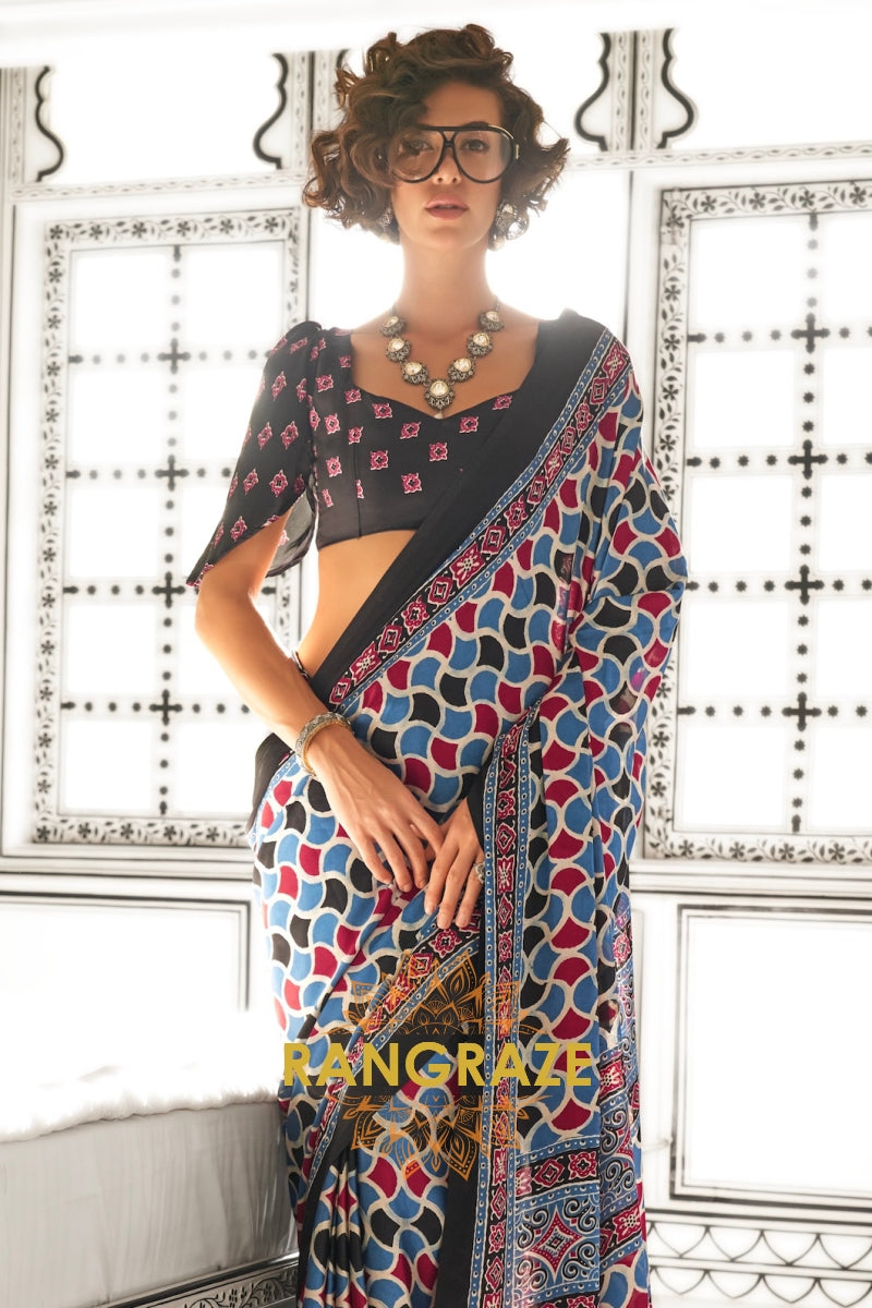 Blue and Red Ajrakh Printed Satin Crepe Saree