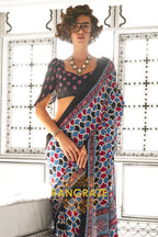 Blue and Red Ajrakh Printed Satin Crepe Saree