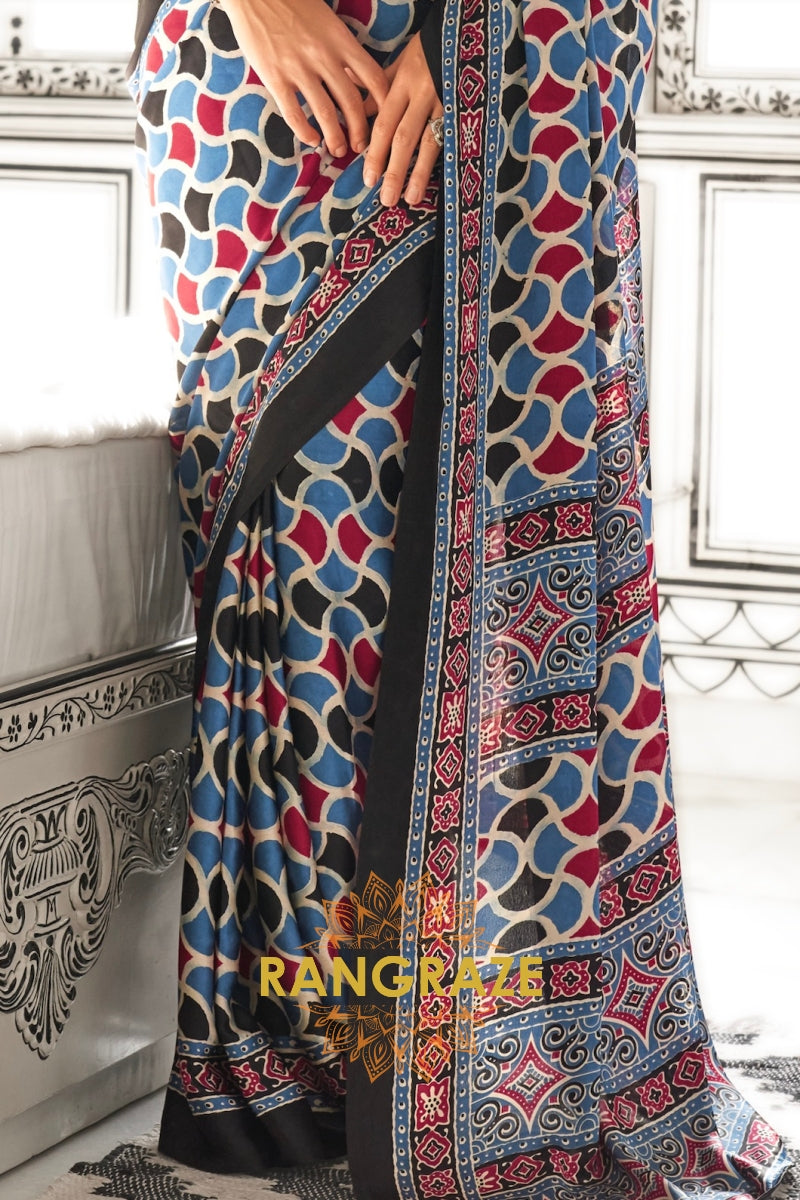 Blue and Red Ajrakh Printed Satin Crepe Saree