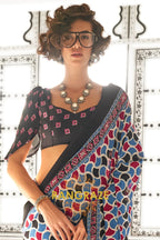 Blue and Red Ajrakh Printed Satin Crepe Saree