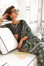 Bottle Green and Black Ajrakh Printed Satin Crepe Saree