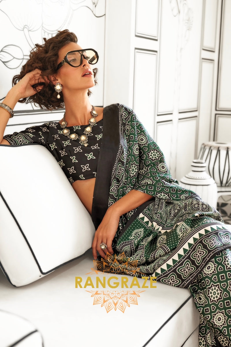 Bottle Green and Black Ajrakh Printed Satin Crepe Saree