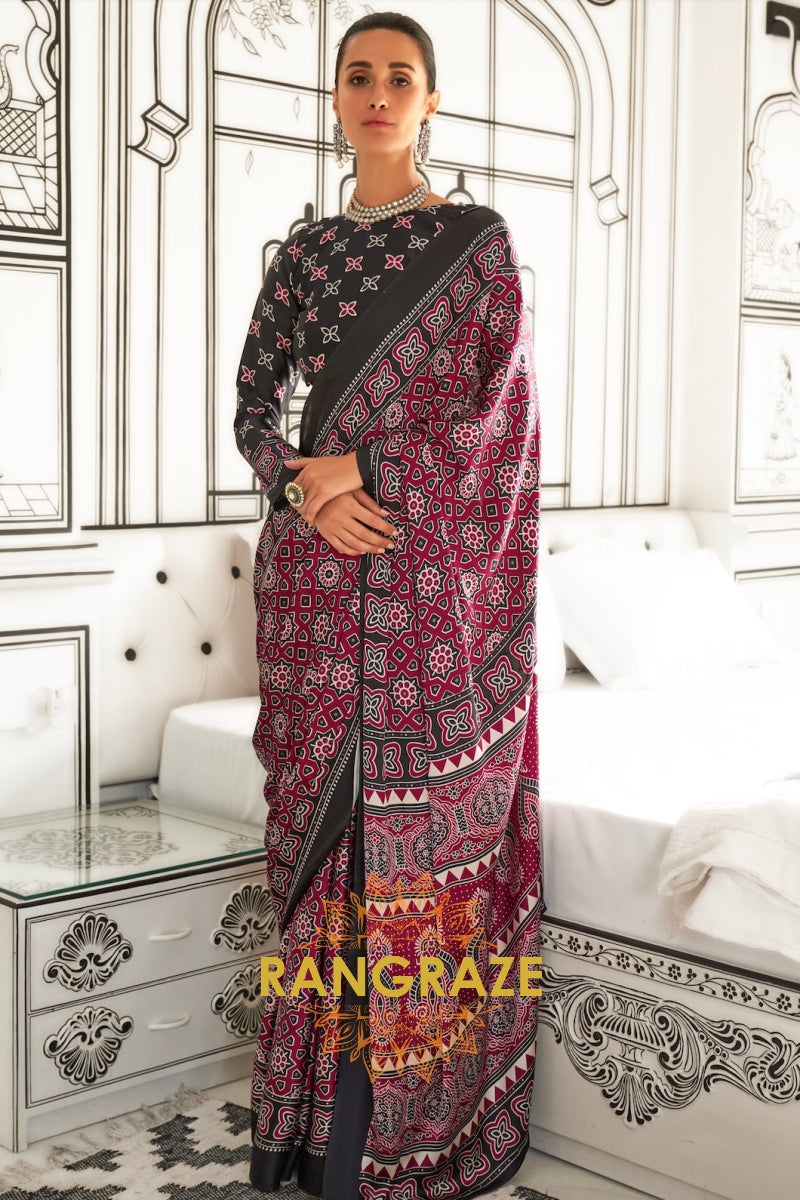 Burgendy and Black Ajrakh Printed Satin Crepe Saree