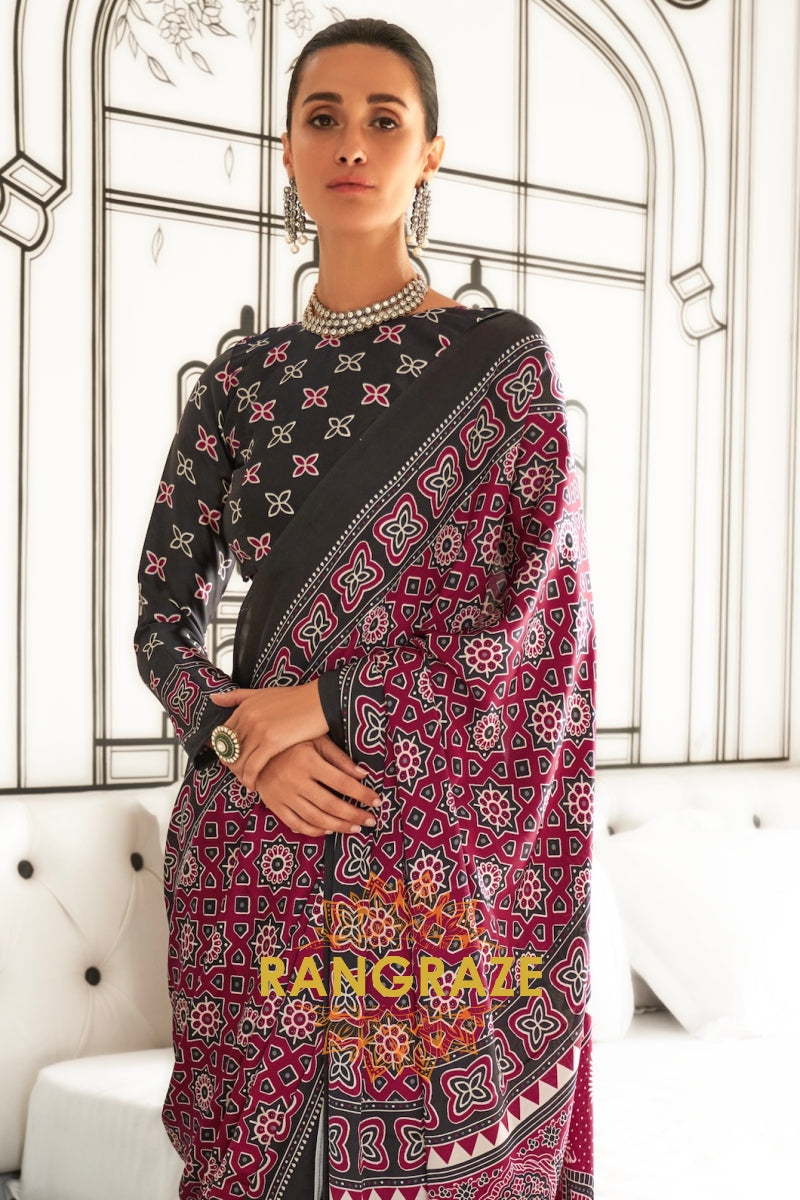 Burgendy and Black Ajrakh Printed Satin Crepe Saree