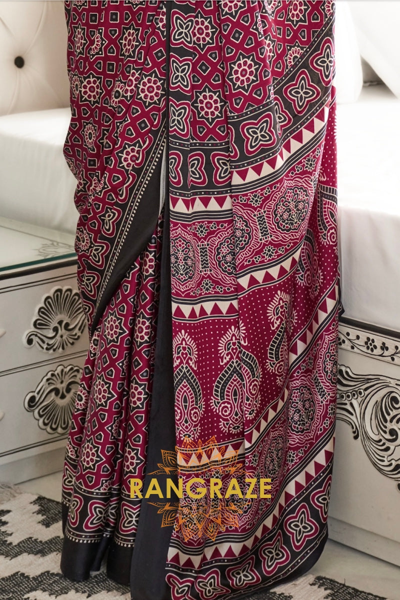 Burgendy and Black Ajrakh Printed Satin Crepe Saree