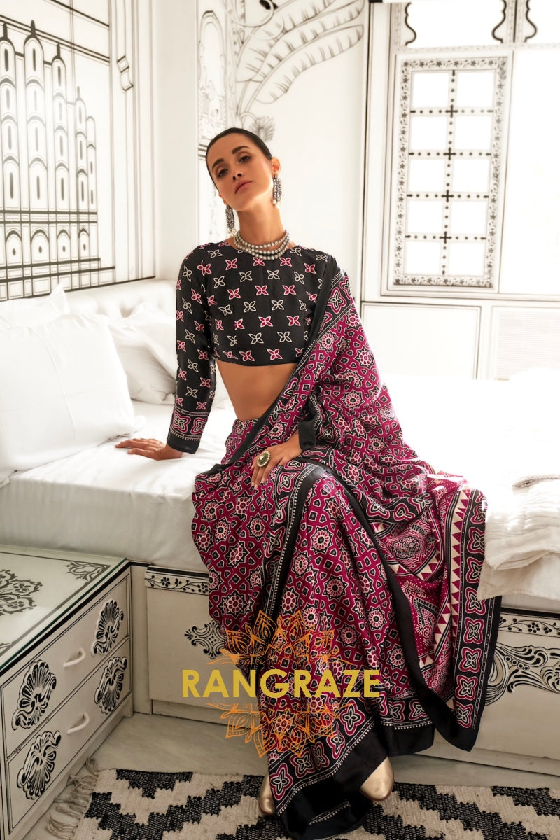 Burgendy and Black Ajrakh Printed Satin Crepe Saree
