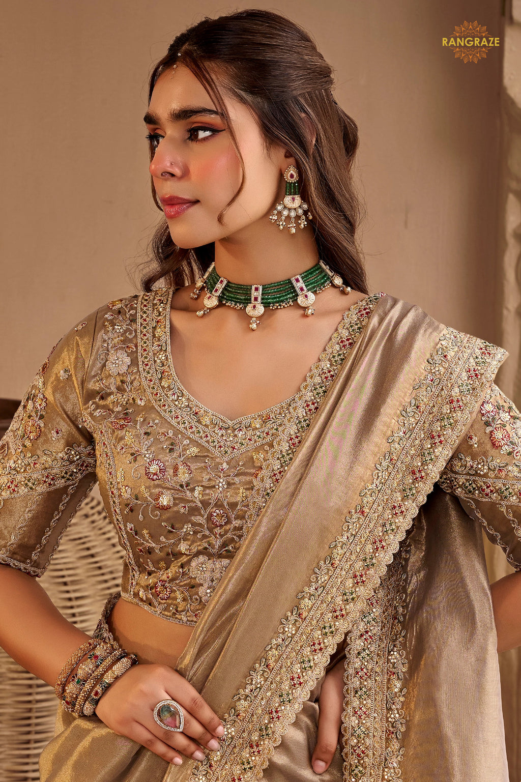 Antique Beige Embroidred Fancy Silk Saree