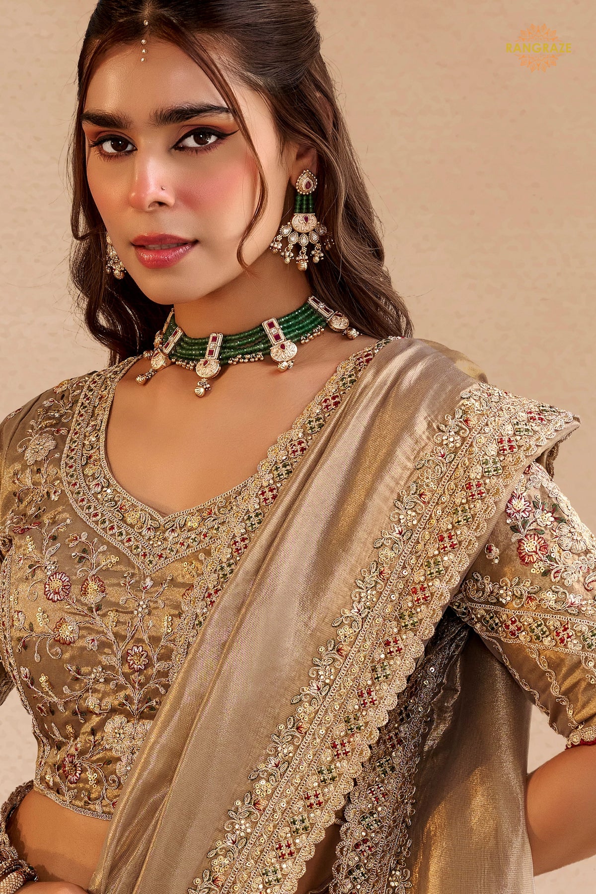 Antique Beige Embroidred Fancy Silk Saree