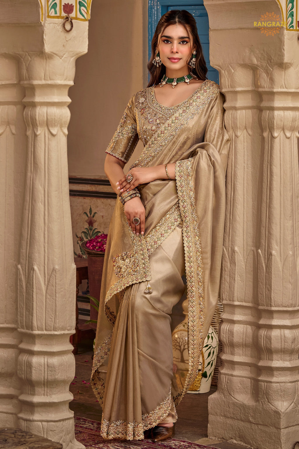 Antique Beige Embroidred Fancy Silk Saree