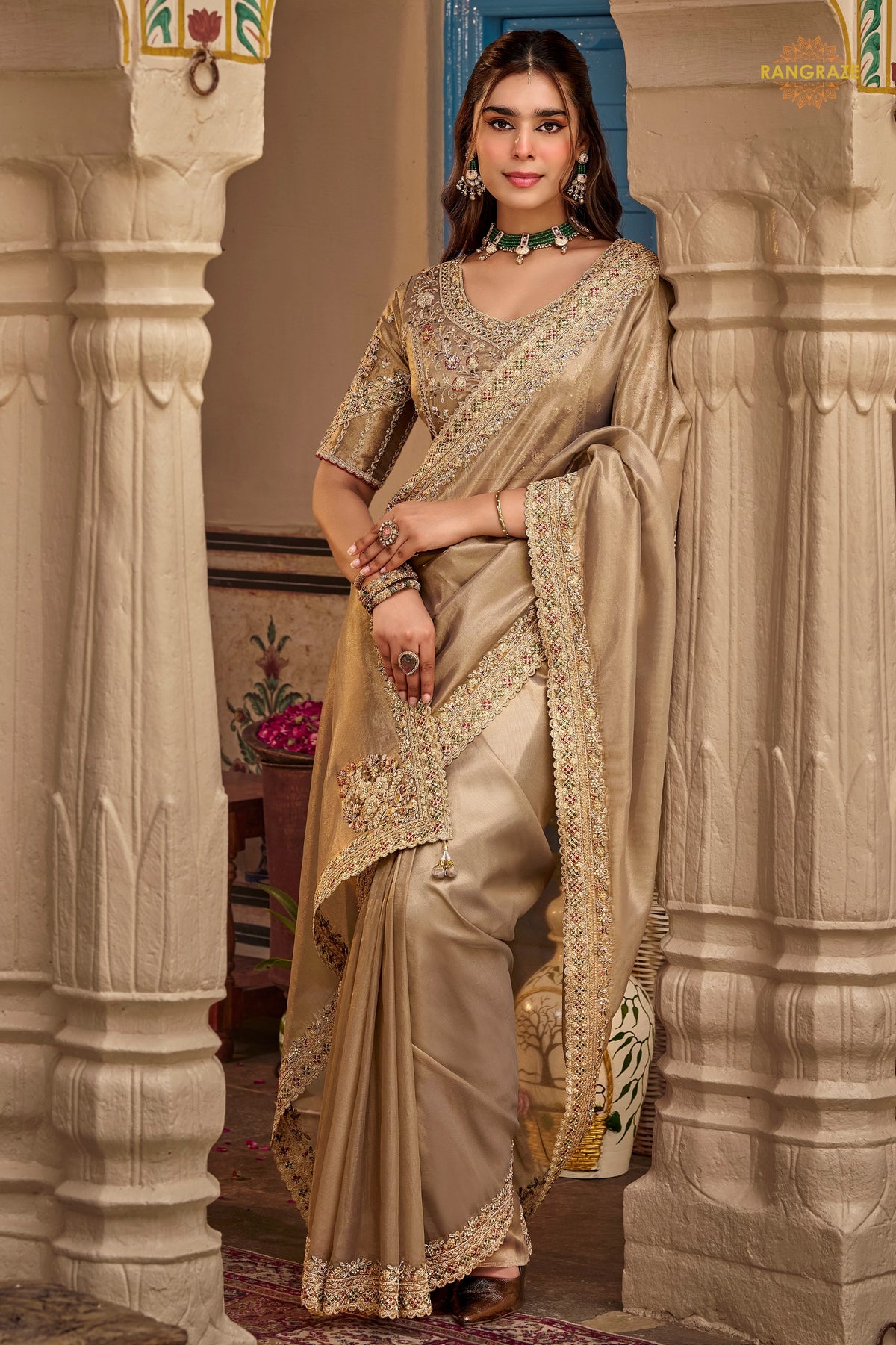Antique Beige Embroidred Fancy Silk Saree