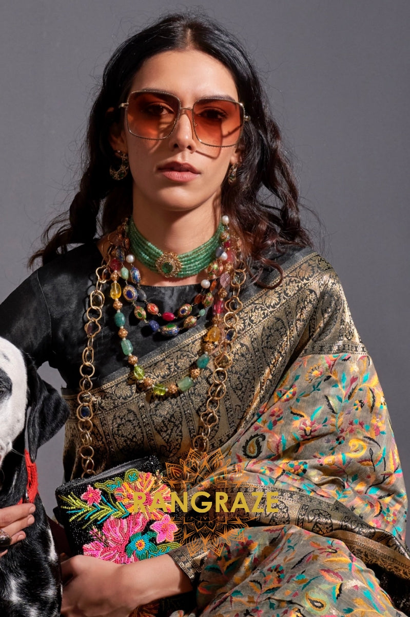Luxe Golden Black Woven Banarasi Kashmiri Silk Saree