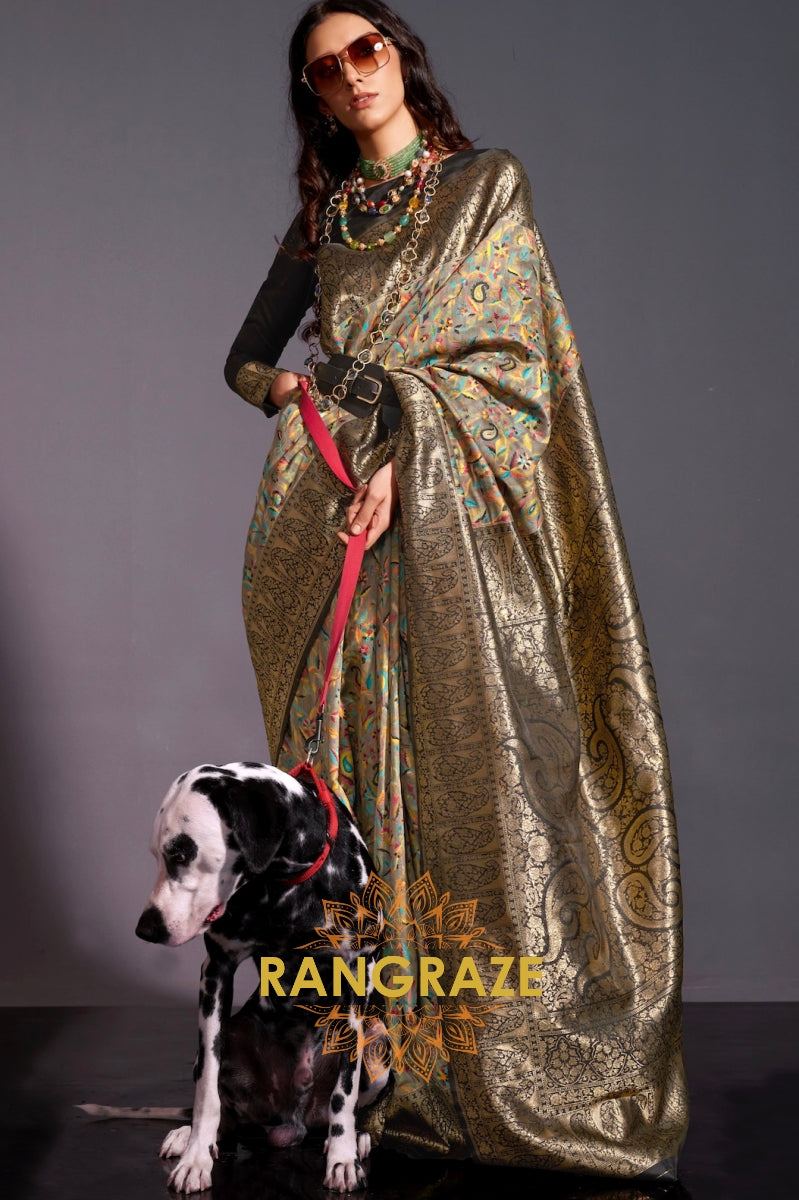 Luxe Golden Black Woven Banarasi Kashmiri Silk Saree