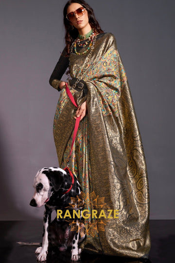 Luxe Golden Black Woven Banarasi Kashmiri Silk Saree