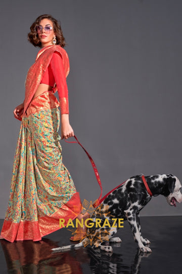 Luxe Sea Green Woven Banarasi Kashmiri Silk Saree