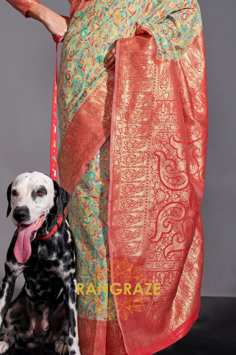 Luxe Sea Green Woven Banarasi Kashmiri Silk Saree