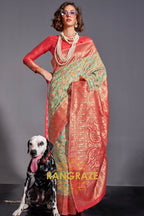 Luxe Sea Green Woven Banarasi Kashmiri Silk Saree