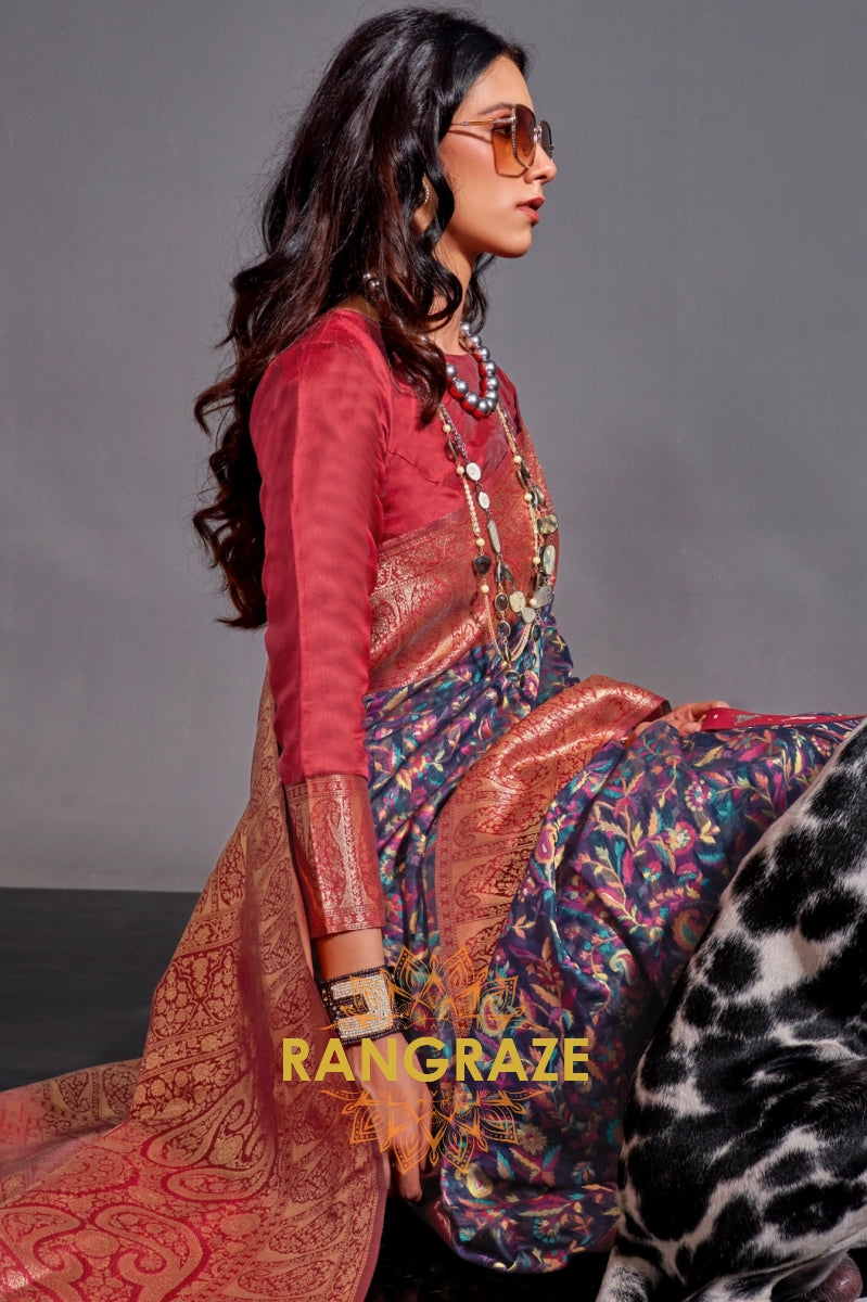 Luxe Navy Blue Woven Banarasi Kashmiri Silk Saree