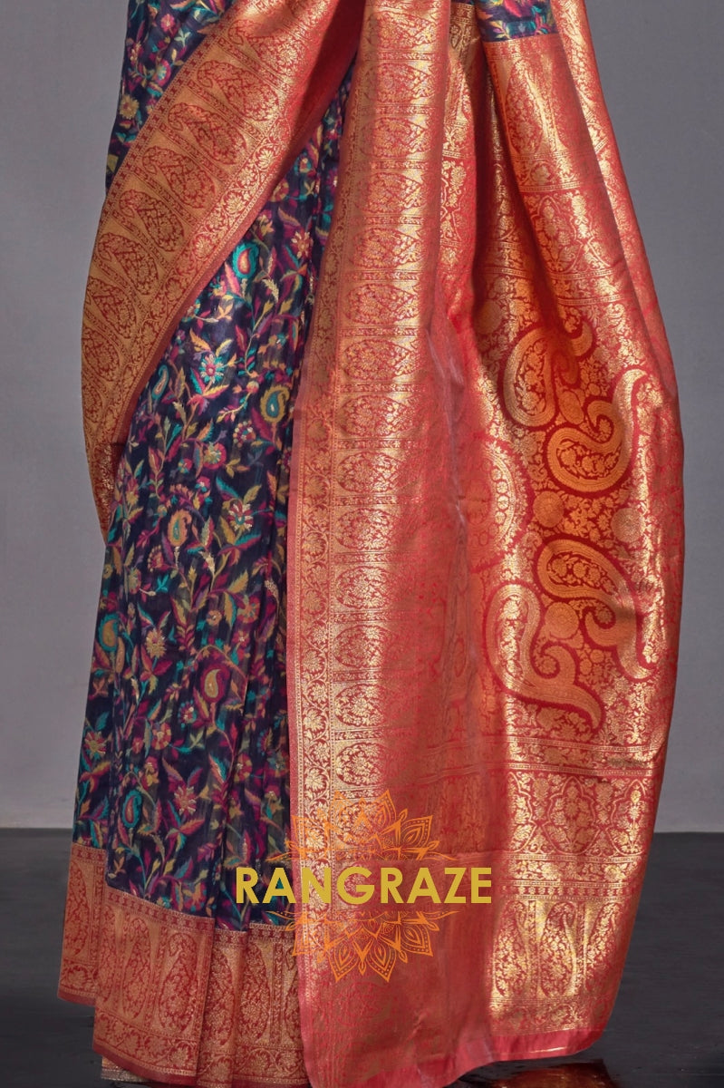 Luxe Navy Blue Woven Banarasi Kashmiri Silk Saree