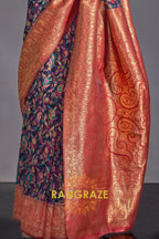 Luxe Navy Blue Woven Banarasi Kashmiri Silk Saree