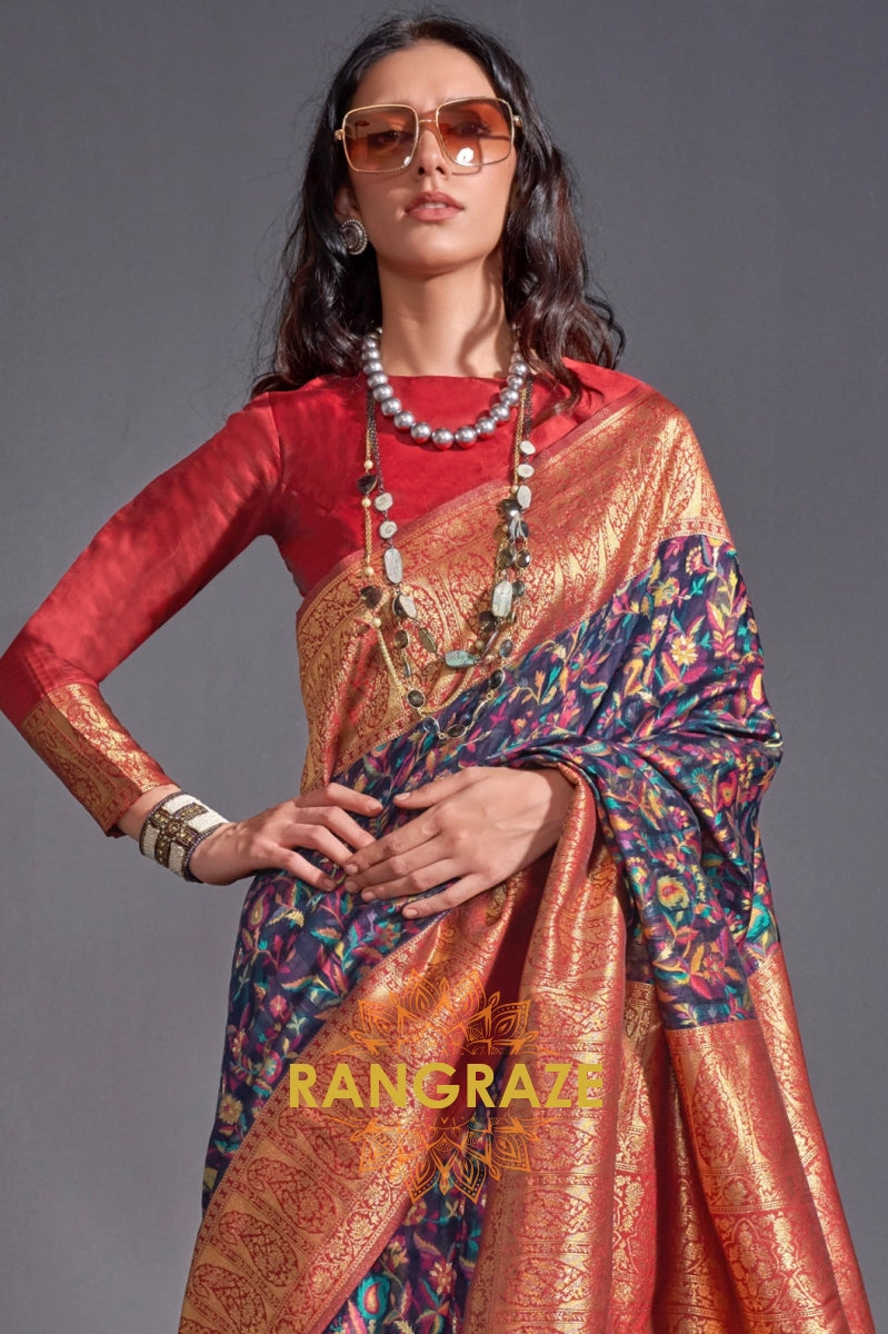 Luxe Navy Blue Woven Banarasi Kashmiri Silk Saree