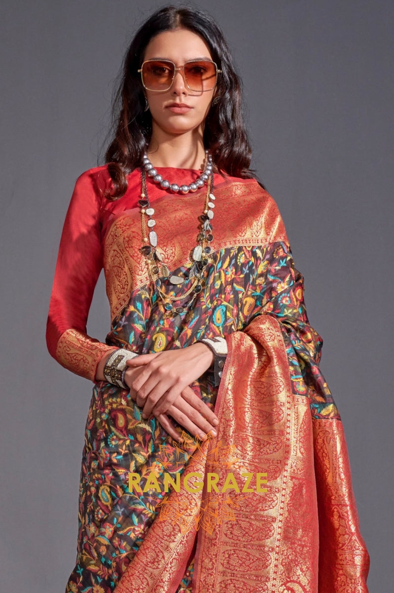 Luxe Black Woven Banarasi Kashmiri Silk Saree