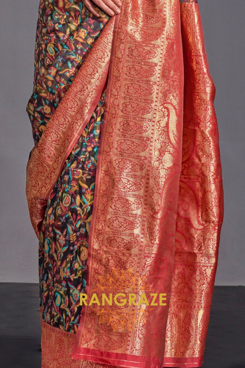 Luxe Black Woven Banarasi Kashmiri Silk Saree