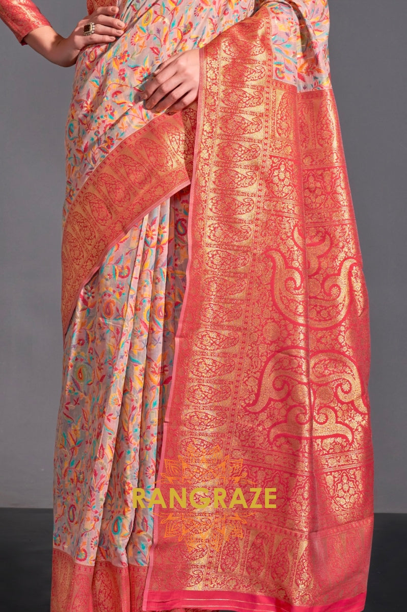 Luxe Pink Woven Banarasi Kashmiri Silk Saree