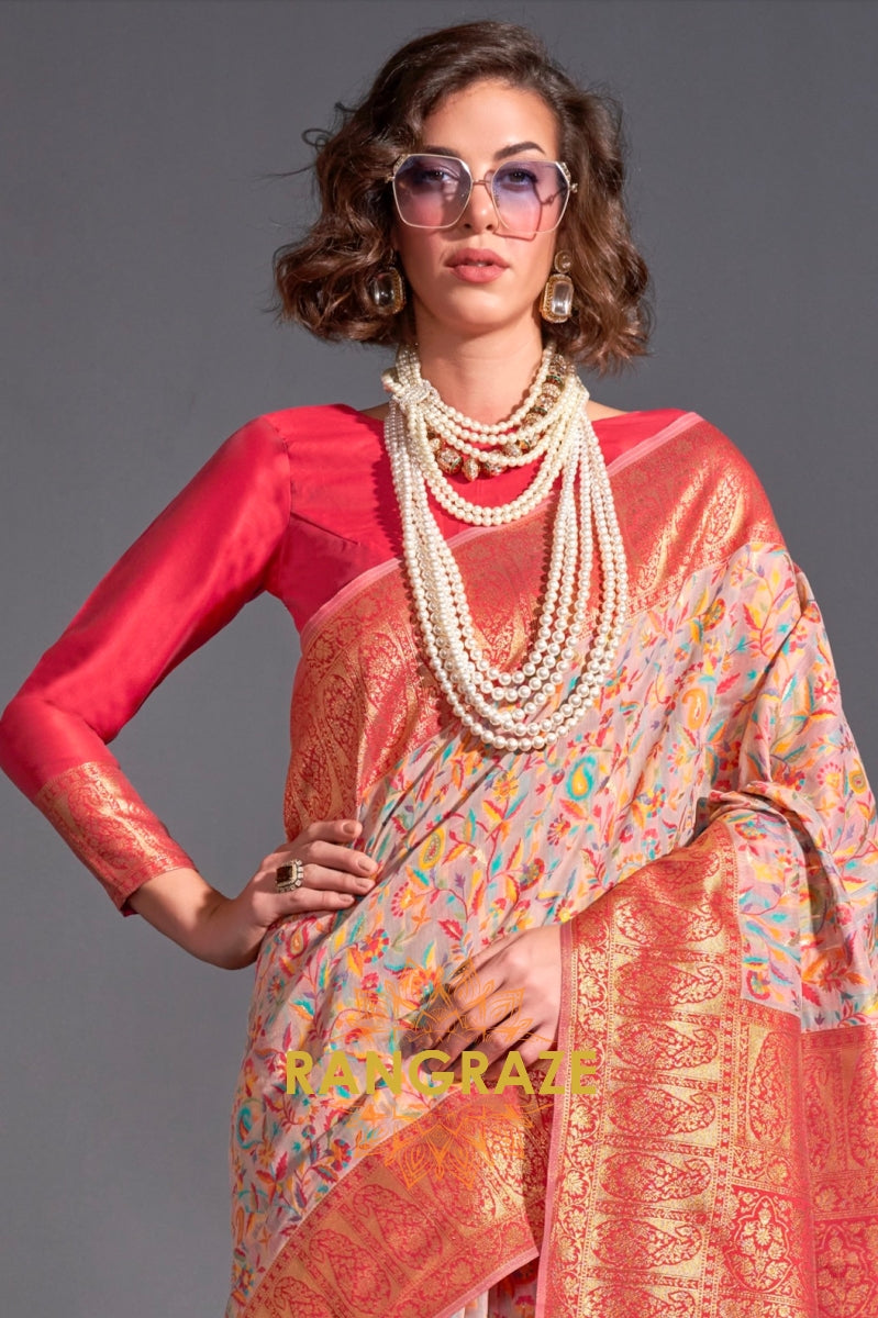 Luxe Pink Woven Banarasi Kashmiri Silk Saree