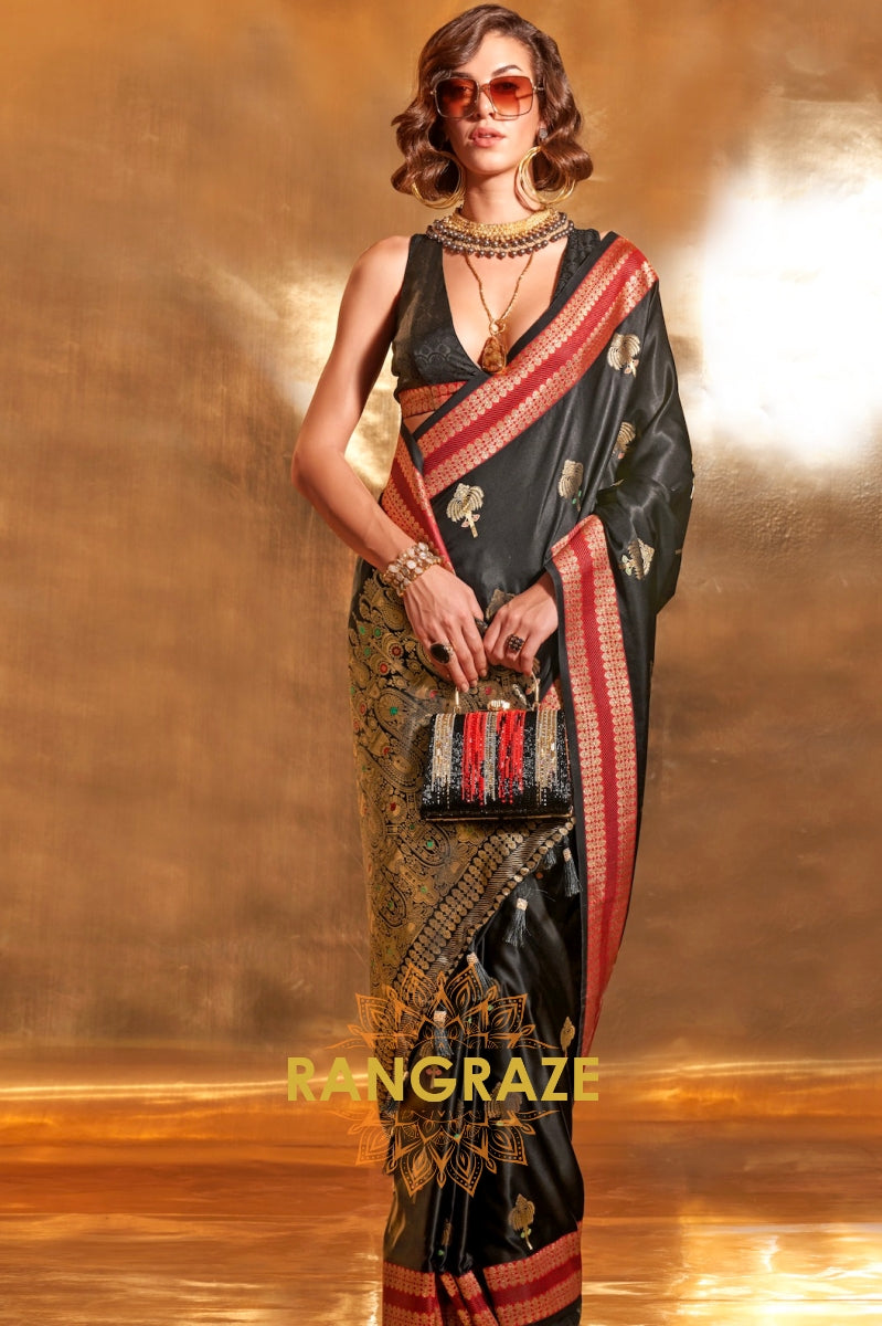 Ethereal Black Woven Banarasi Satin Silk Saree