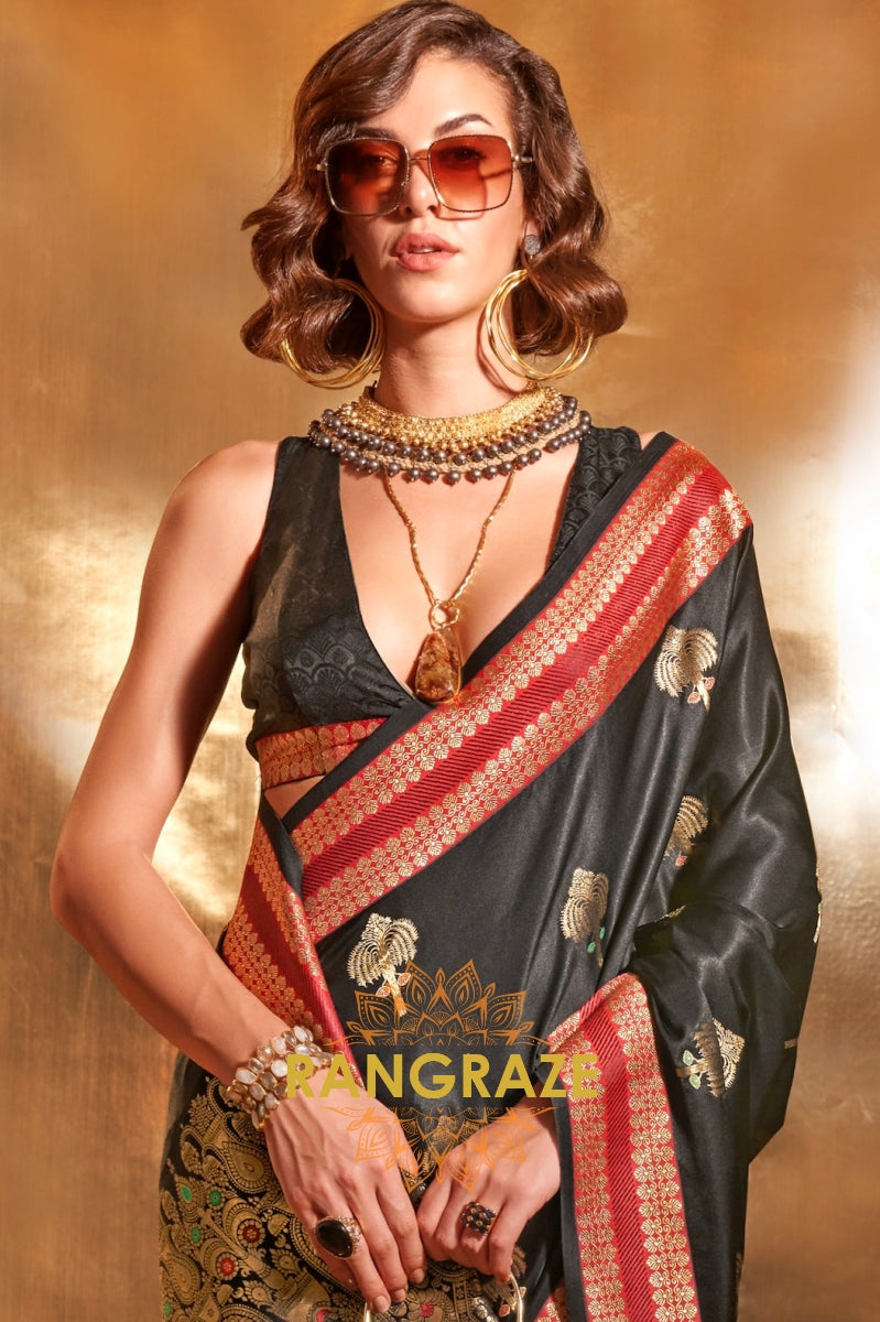 Ethereal Black Woven Banarasi Satin Silk Saree