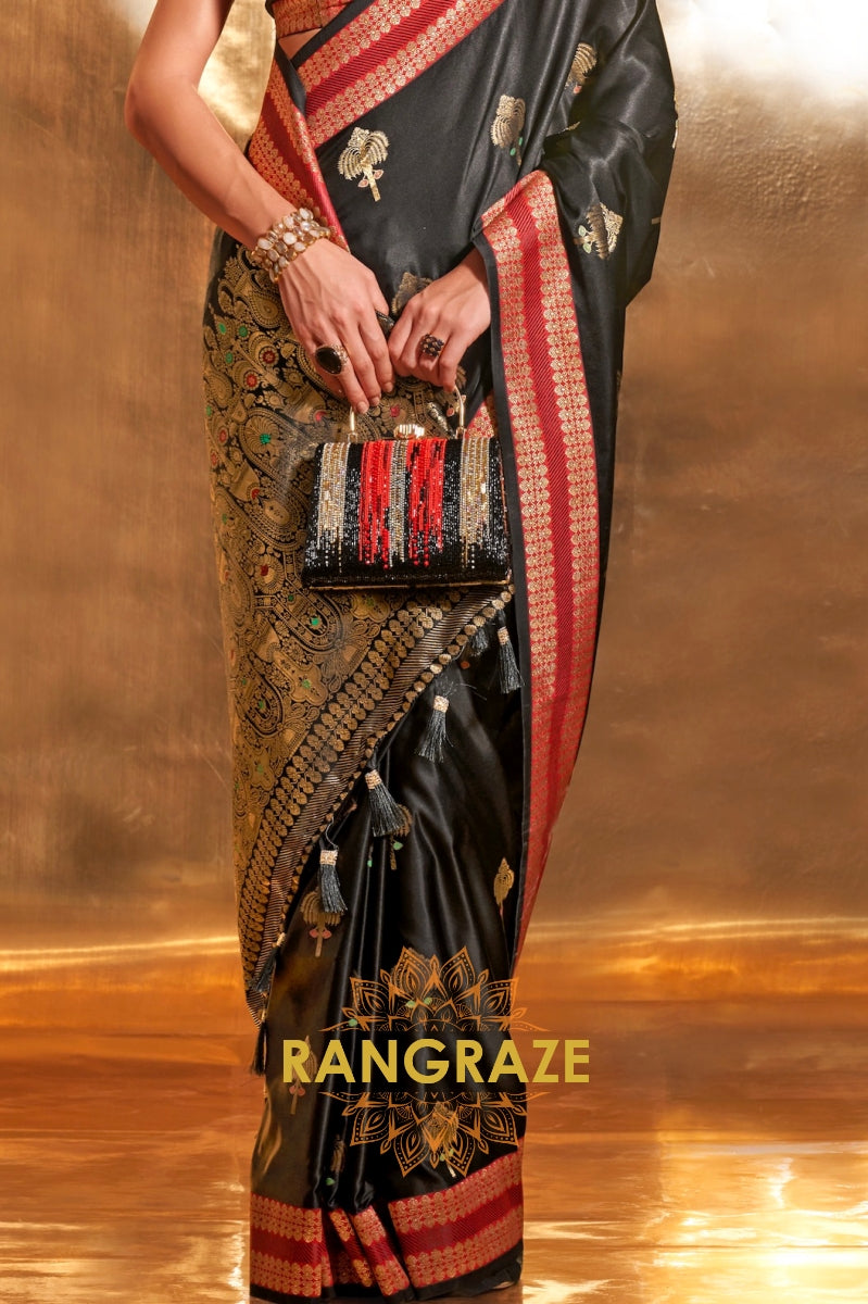 Ethereal Black Woven Banarasi Satin Silk Saree