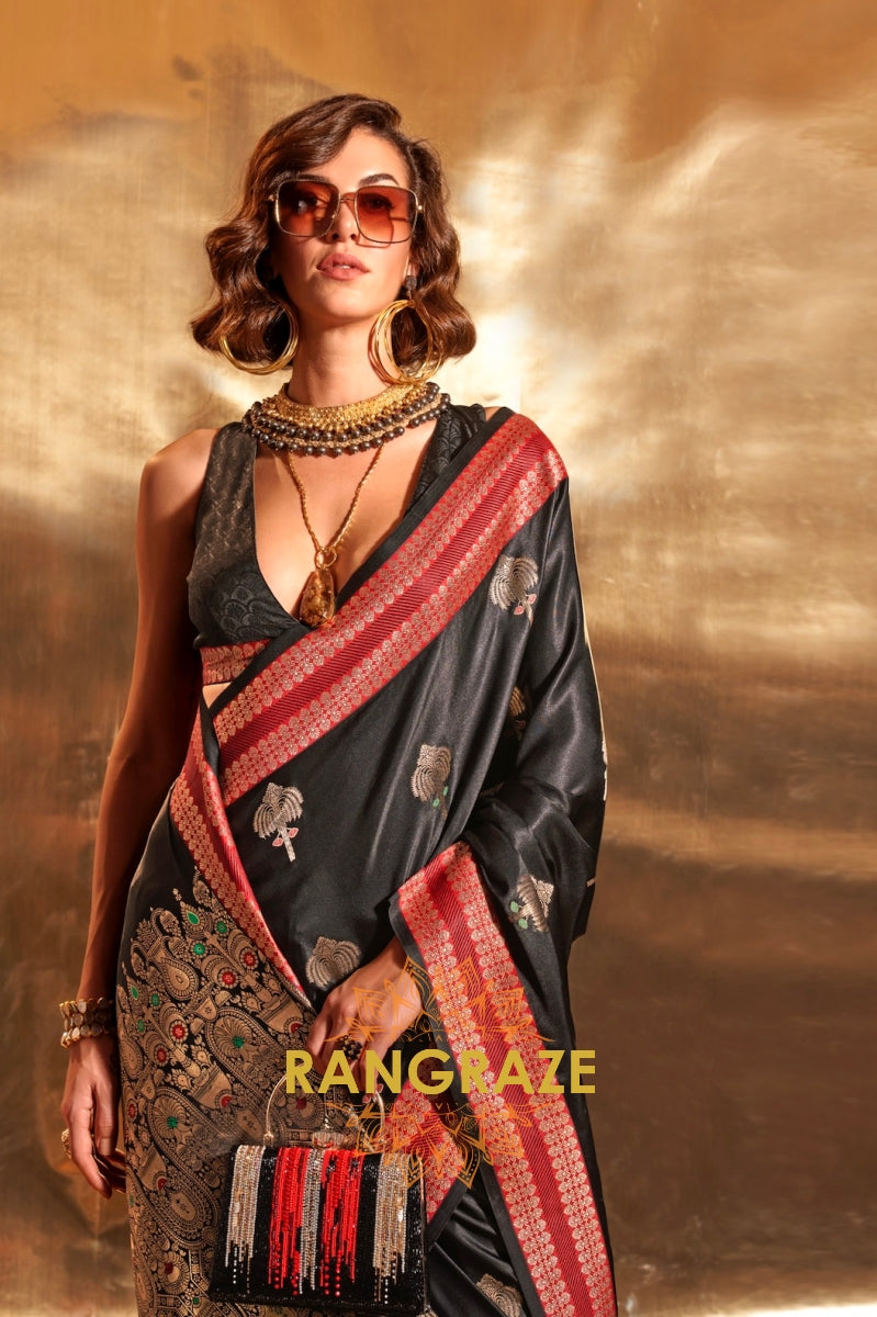 Ethereal Black Woven Banarasi Satin Silk Saree