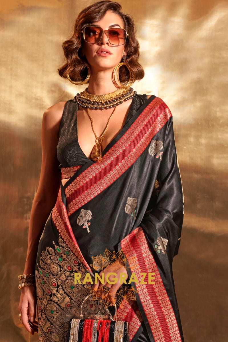Ethereal Black Woven Banarasi Satin Silk Saree