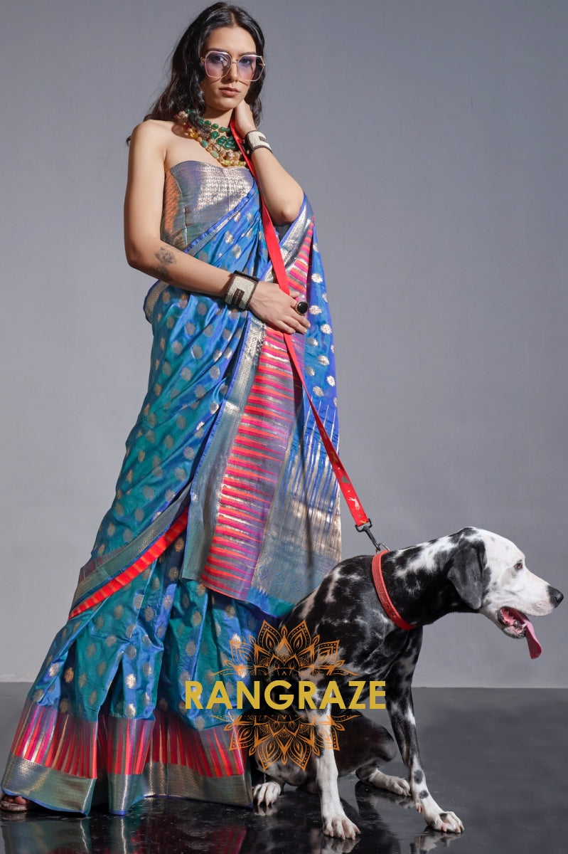 Regal Blue Dual Tone Banarasi Soft Silk Saree