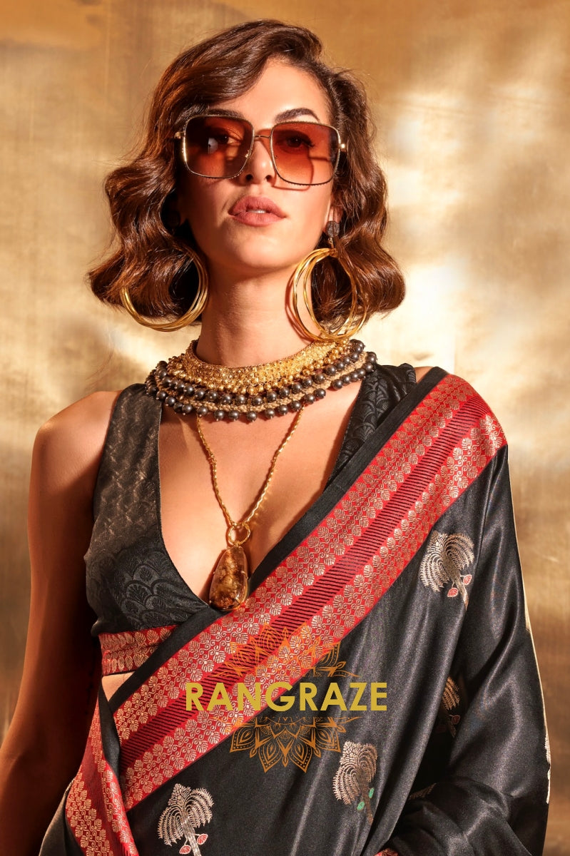 Ethereal Black Woven Banarasi Satin Silk Saree