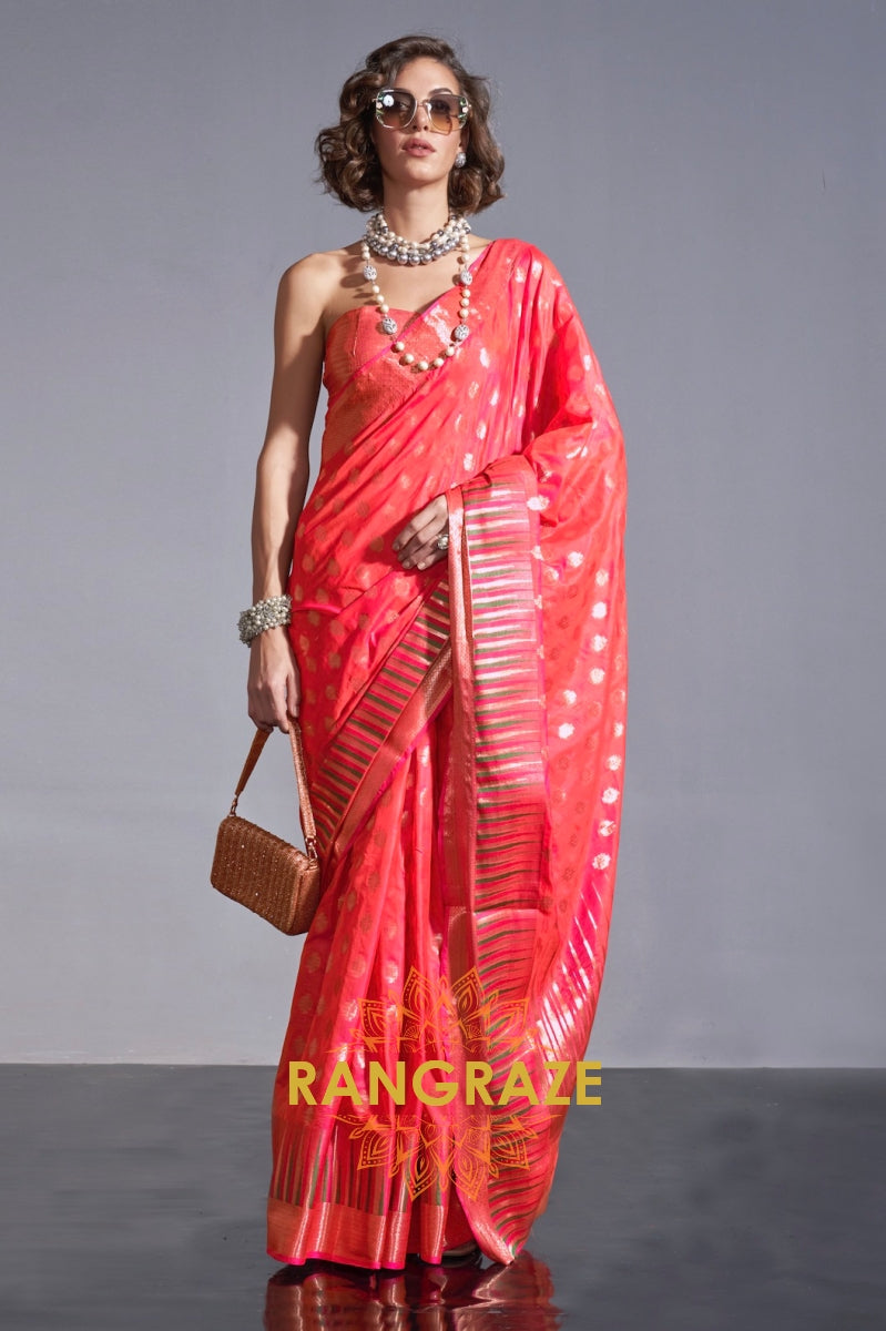 Regal Peach Red Dual Tone Banarasi Soft Silk Saree