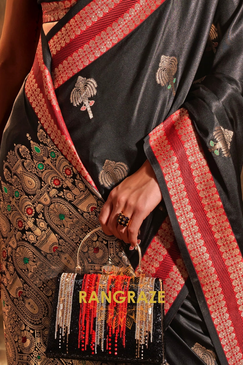 Ethereal Black Woven Banarasi Satin Silk Saree