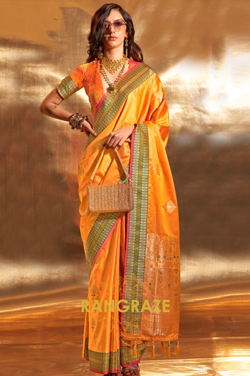 Ethereal Yellow Woven Banarasi Satin Silk Saree