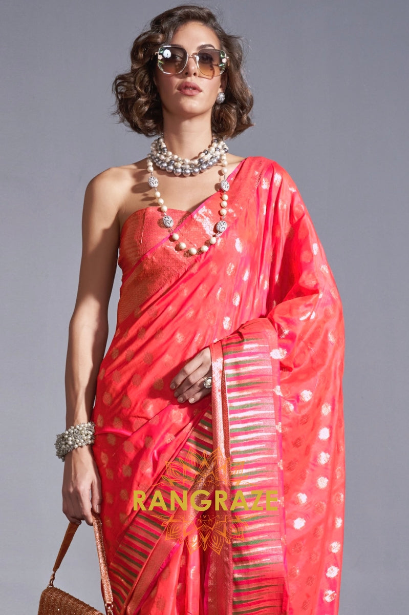 Regal Peach Red Dual Tone Banarasi Soft Silk Saree
