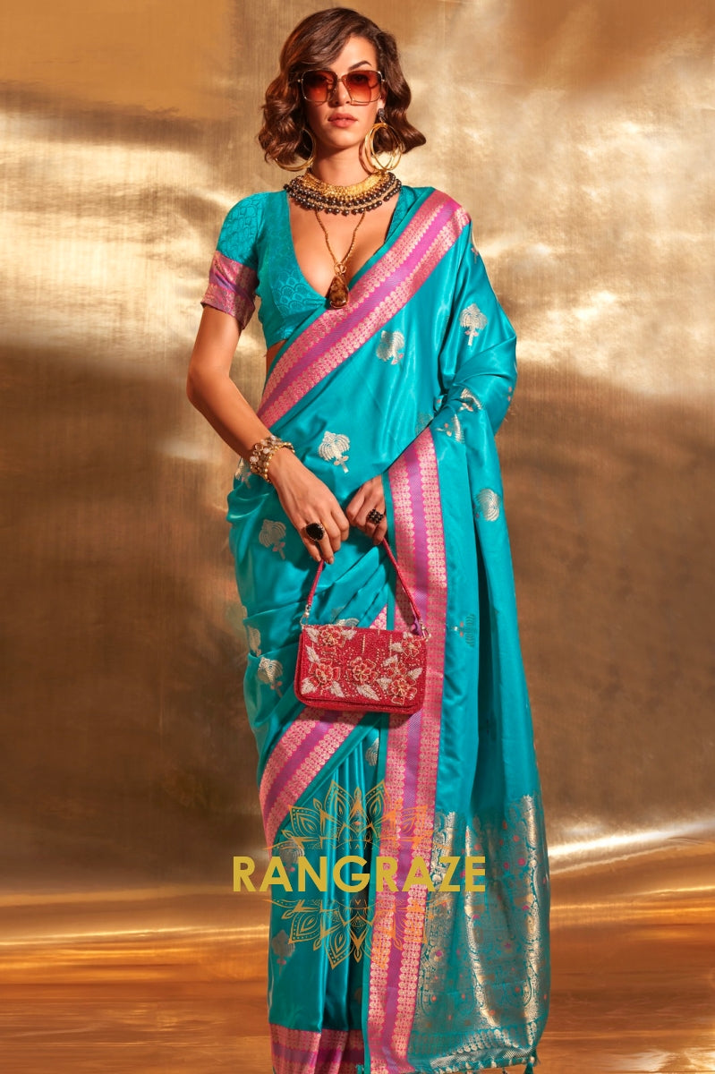 Ethereal Turquoise Woven Banarasi Satin Silk Saree