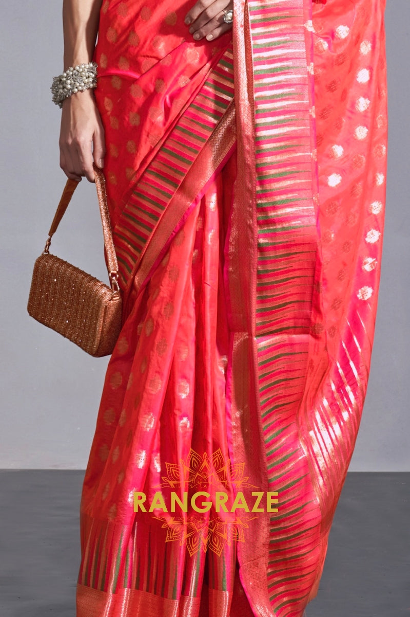 Regal Peach Red Dual Tone Banarasi Soft Silk Saree