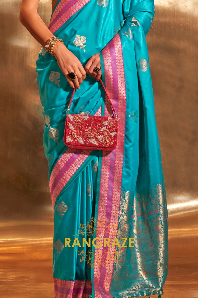 Ethereal Turquoise Woven Banarasi Satin Silk Saree